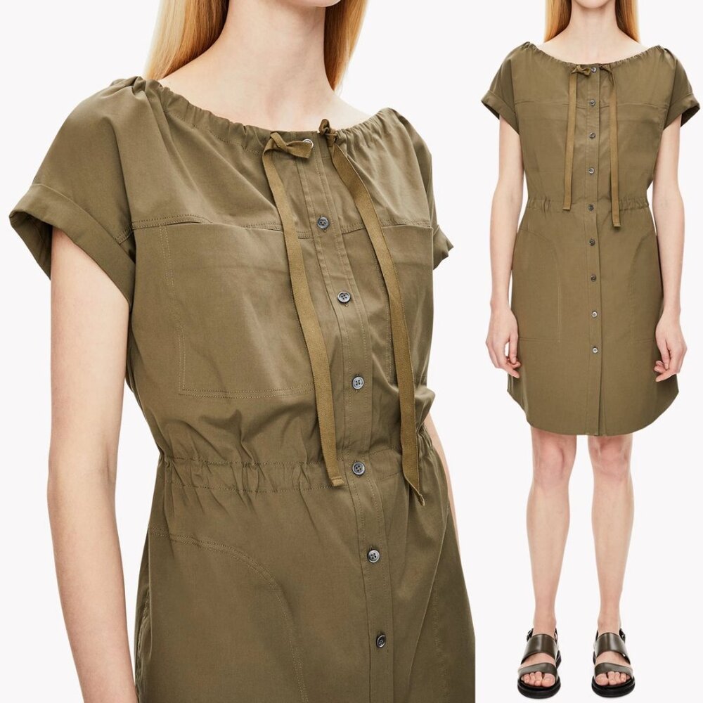Theory Laela Tie-Neck Shirt Dress 4 Military Olive Green Cotton Utility $325